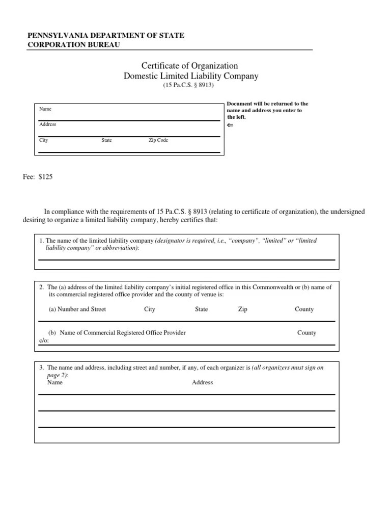 Pennsylvania LLC Certificate of Organization Limited Liability