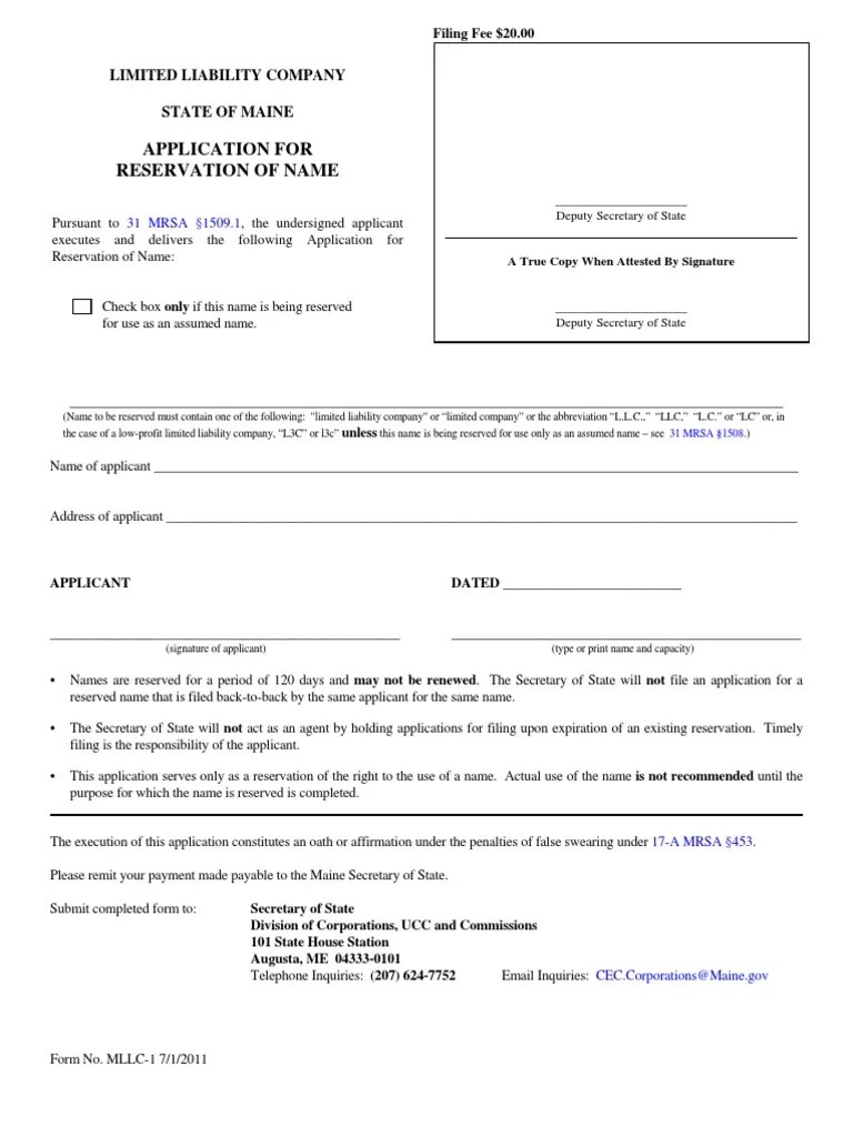 Maine LLC Name Reservation Limited Liability Company Email