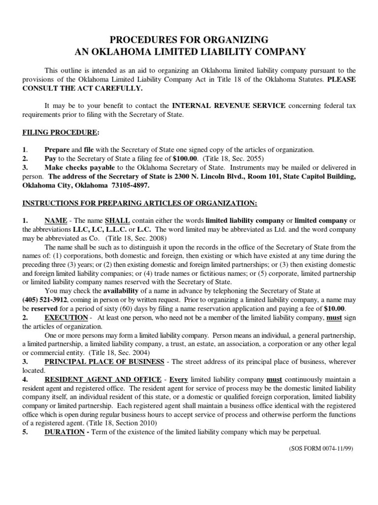 Oklahoma LLC Articles of Organization Registered Agent Limited
