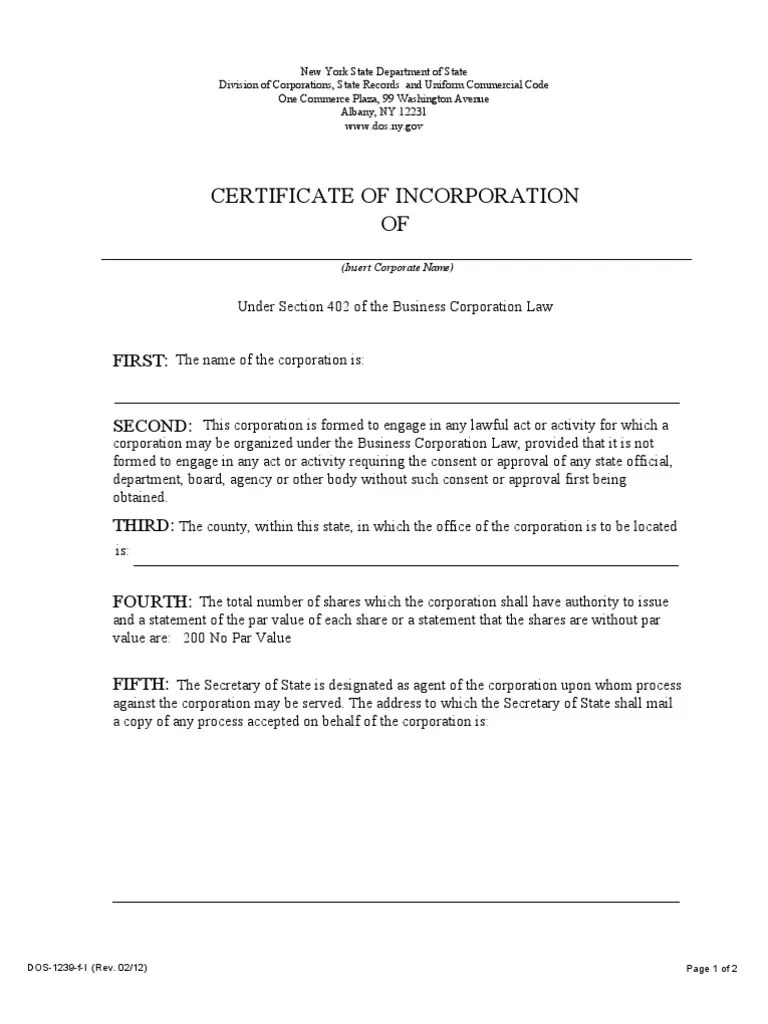 New York Articles of Incorporation