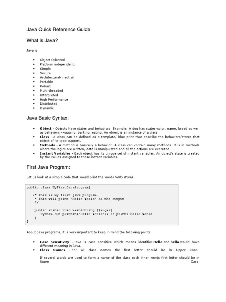 Java Quick Reference Guide Control Flow Method Programming)