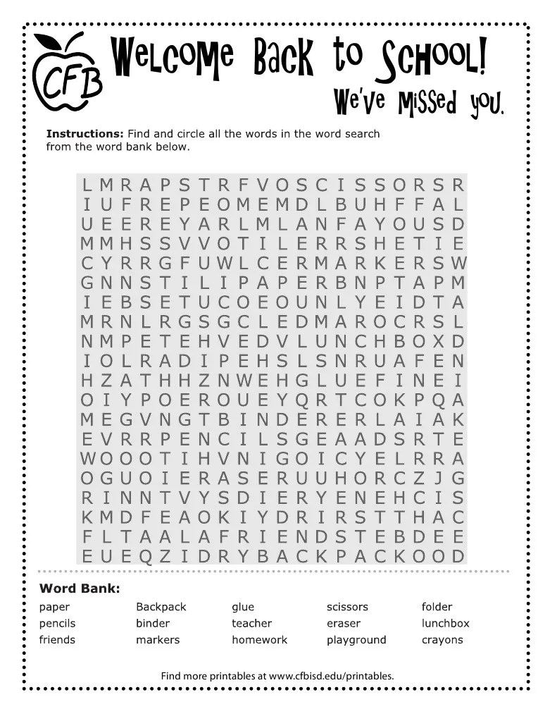 Back to School Word Search