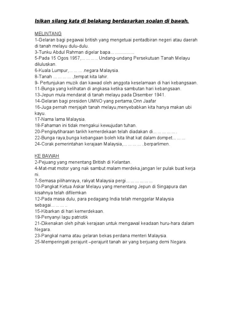 Soalan Teka Silang Kata Kemerdekaan