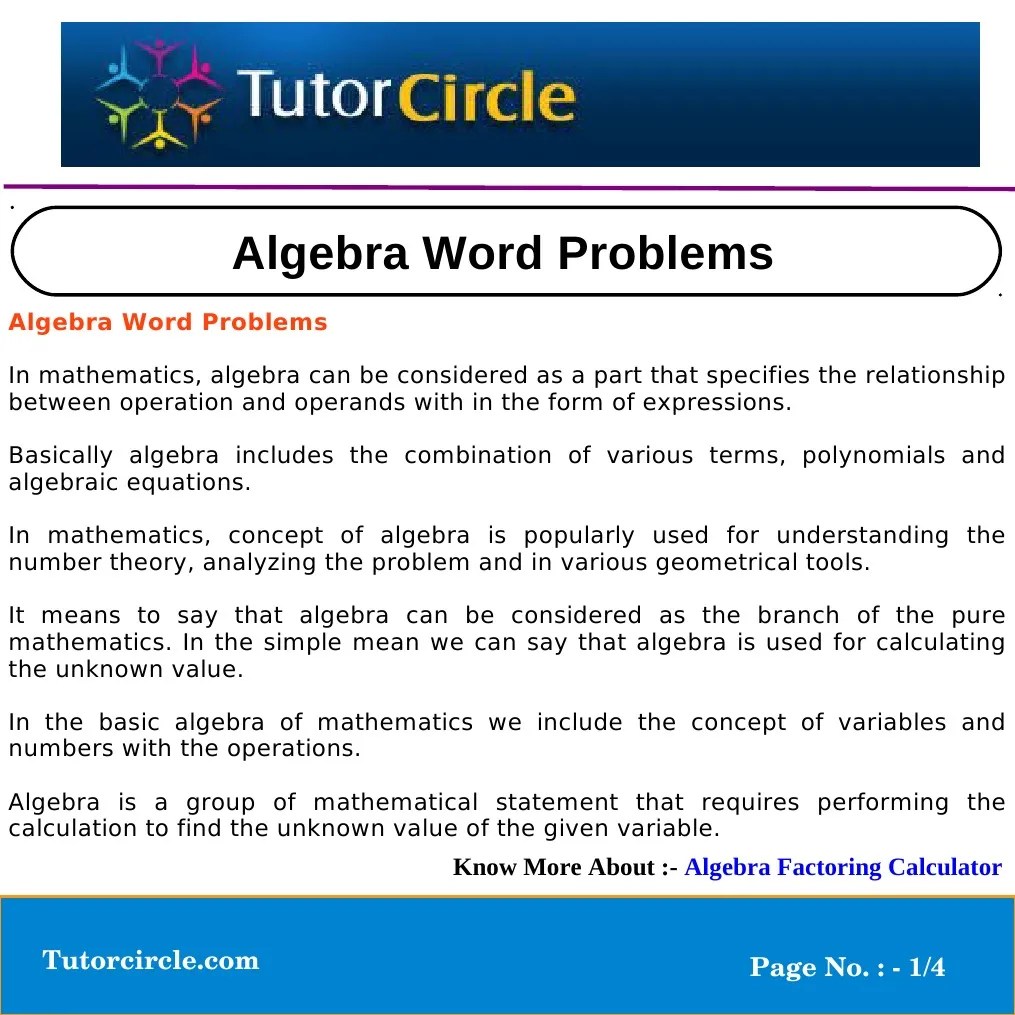 Algebra Word Problems | Algebra | Variable (Mathematics)