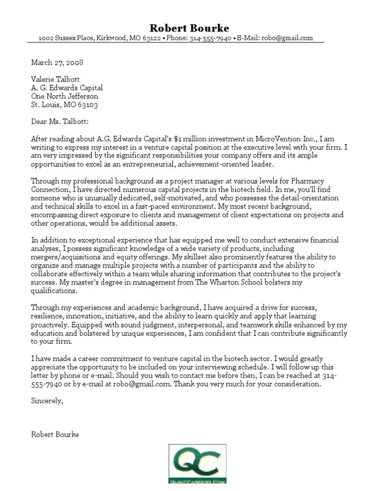 Sample Venture Capital Cover Letter Tech Start Ups Business