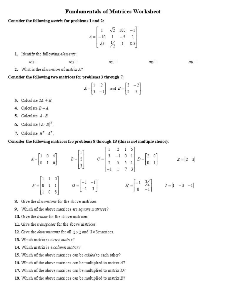 Fundamentals of Matrices Worksheet | Matrix (Mathematics) | Multiplication