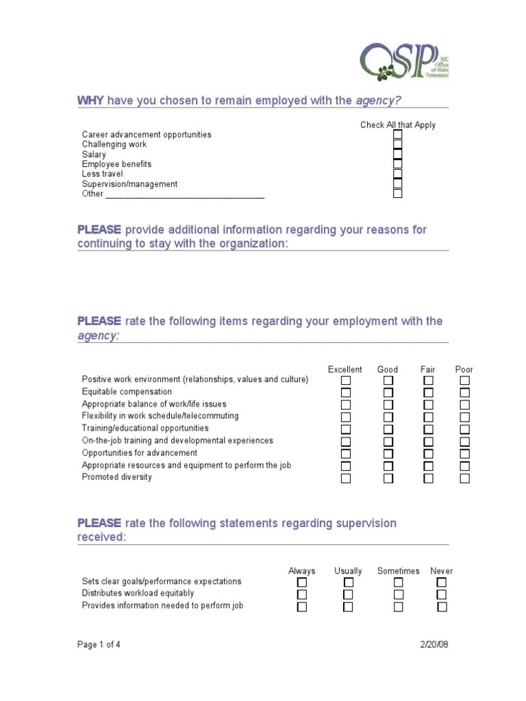 Employee Retention Survey Questionnaire Organizational Behavior