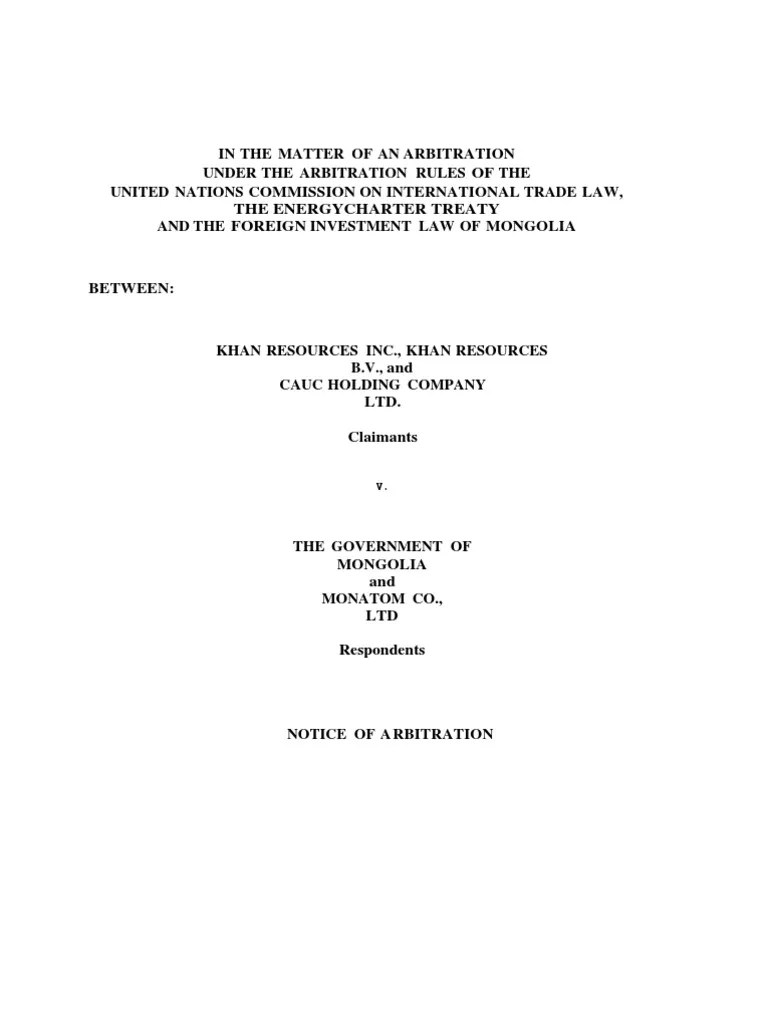 Sample International Arbitration Claim PDF Arbitration Mongolia