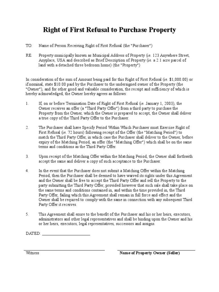 Right of First Refusal To Purchase Property PDF Property Legal