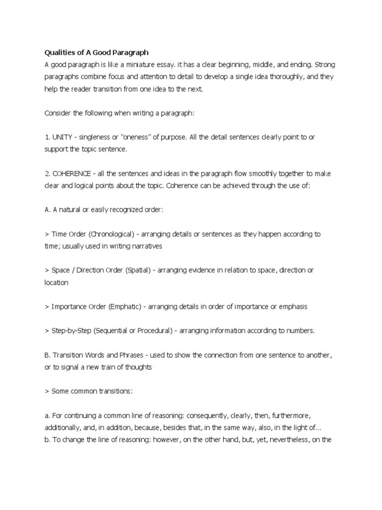 Qualities of A Good Paragraph Essays Noun