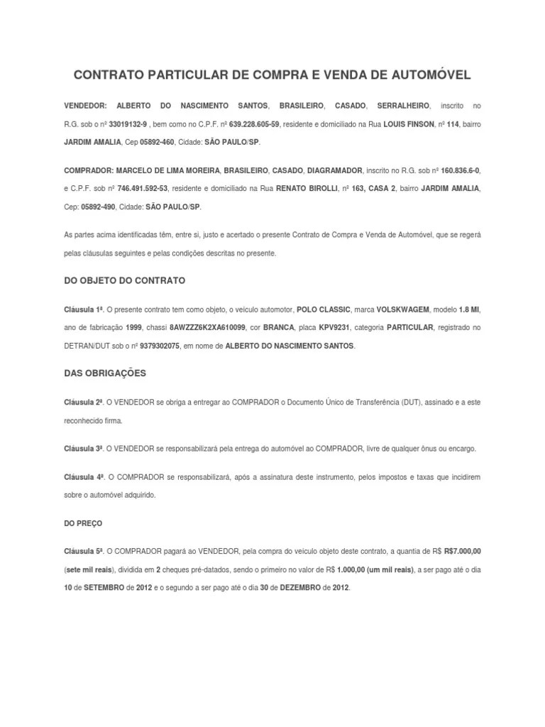 CONTRATO PARTICULAR DE COMPRA E VENDA DE AUTOMÓVEL Business