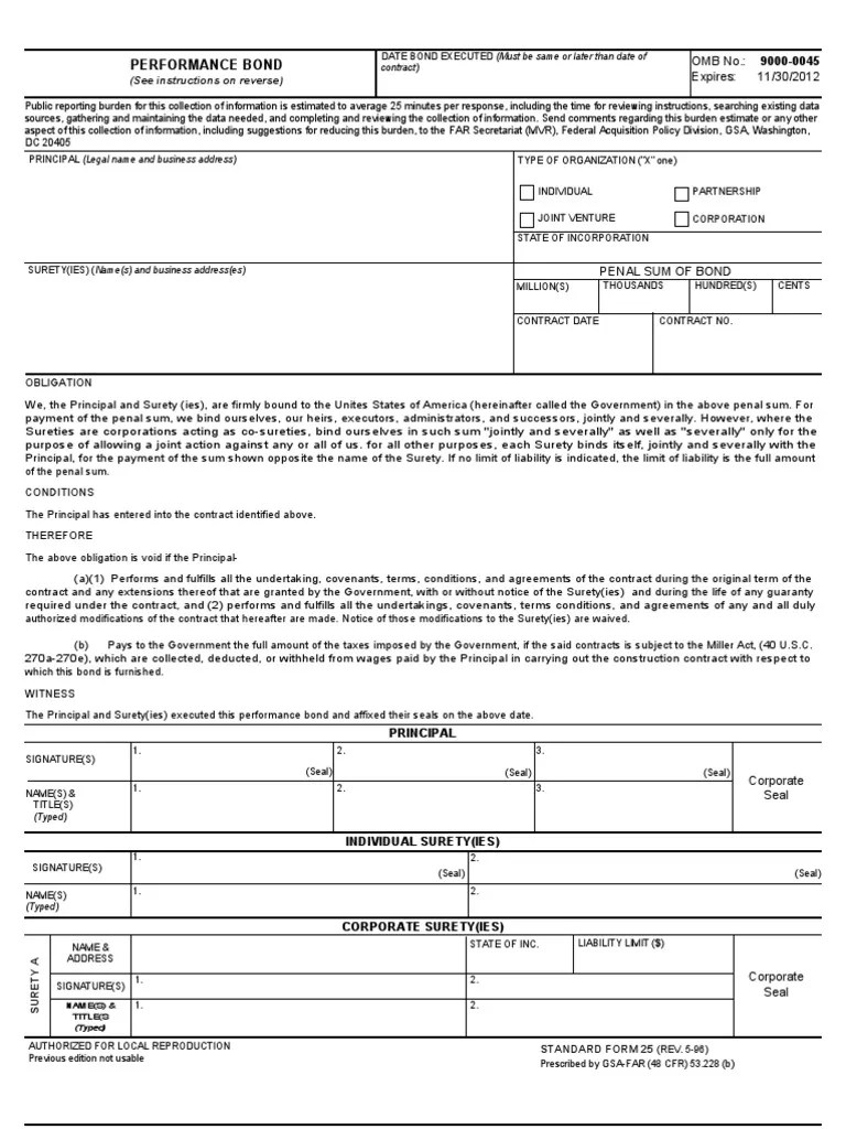 SF 25 Performance Bond Surety Bond Business Law