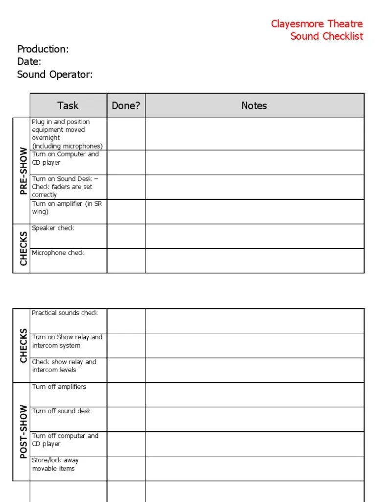 Sound Checklist Sound Production Technology Hearing