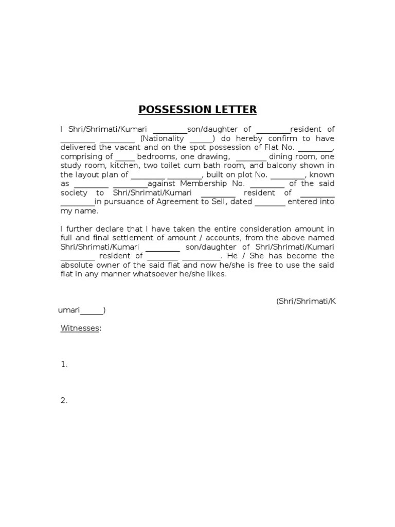 Possession Letter of flat