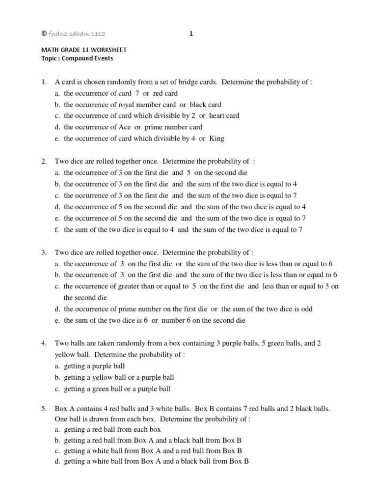 compound events probability worksheet