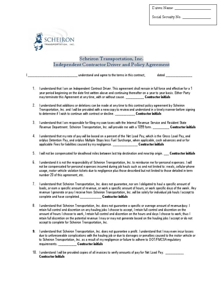 Independent Contractor Driver Agreement PDF Transport