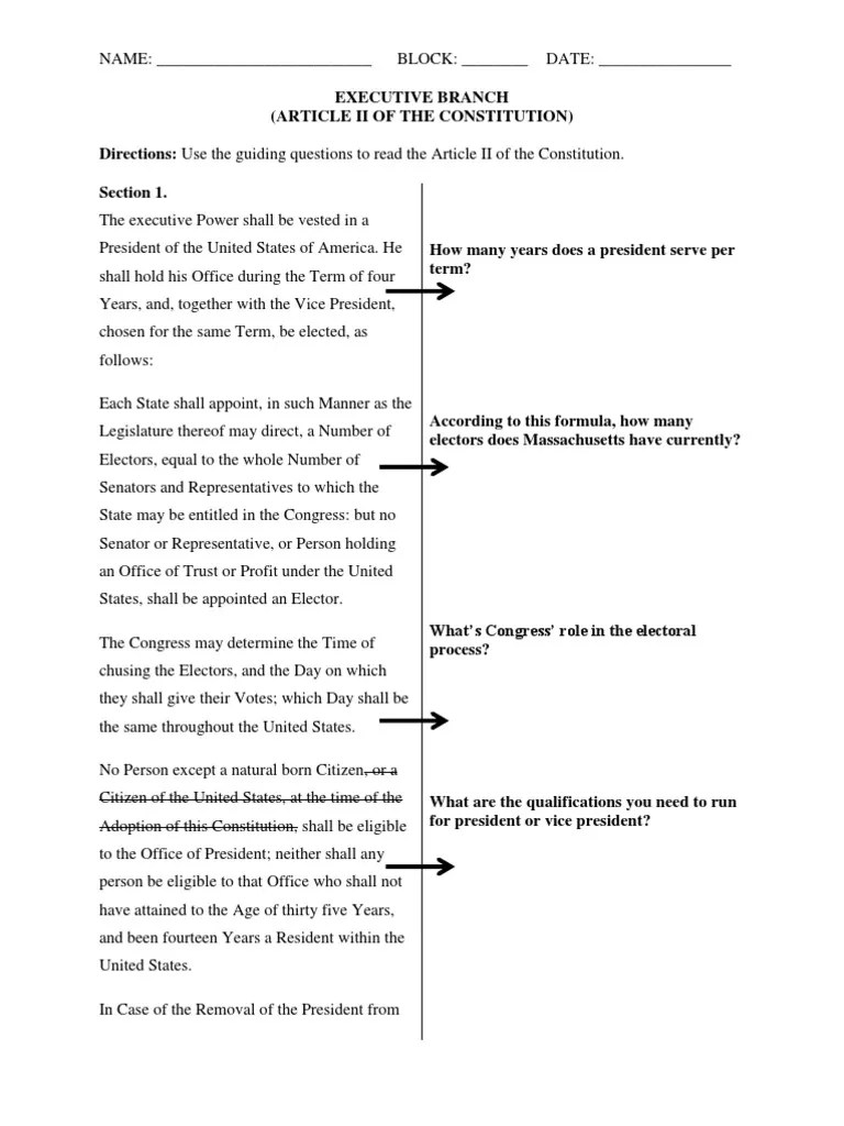 Executive Branch Guided Notes Article Two Of The United States