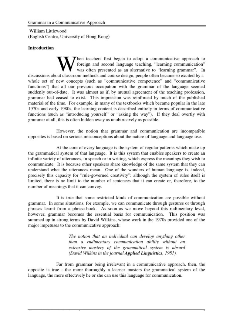 Grammar in A Communicative Approach William Littlewood Article PDF Language Education