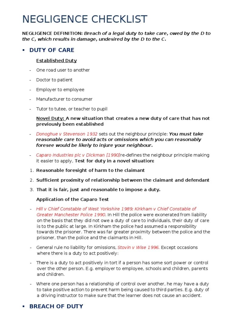 Negligence Checklist Causation (Law) Negligence