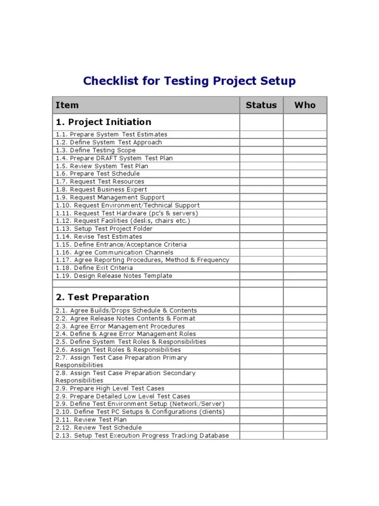 Testing Project Setup Checklist Software Bug Server