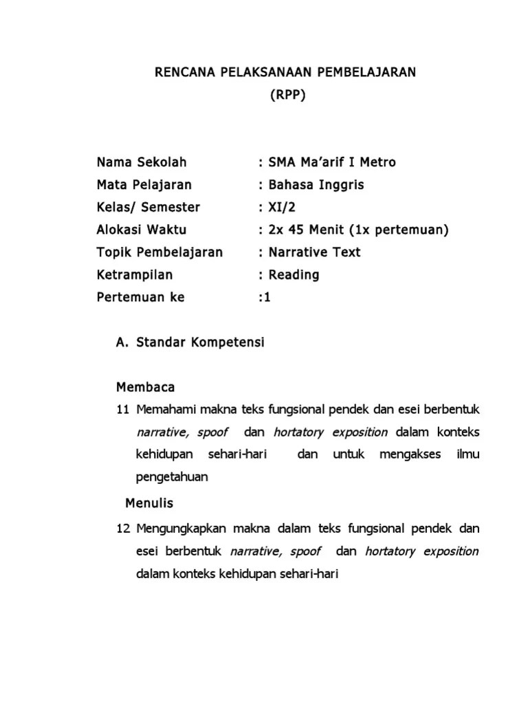 Narrative Text Reading RPP Bahasa
