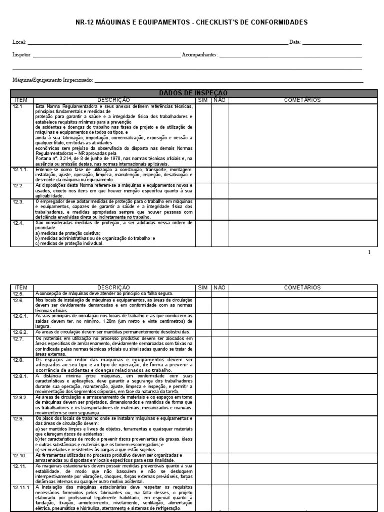 Checklists Nr12 Modelo Máquinas Engenharia