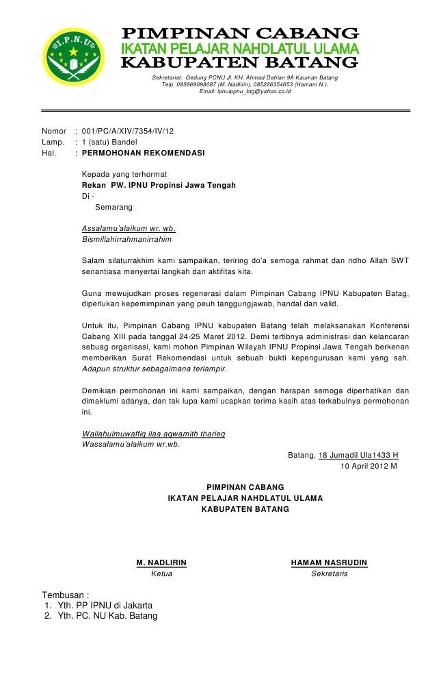 16 Contoh Surat Rekomendasi Ippnu