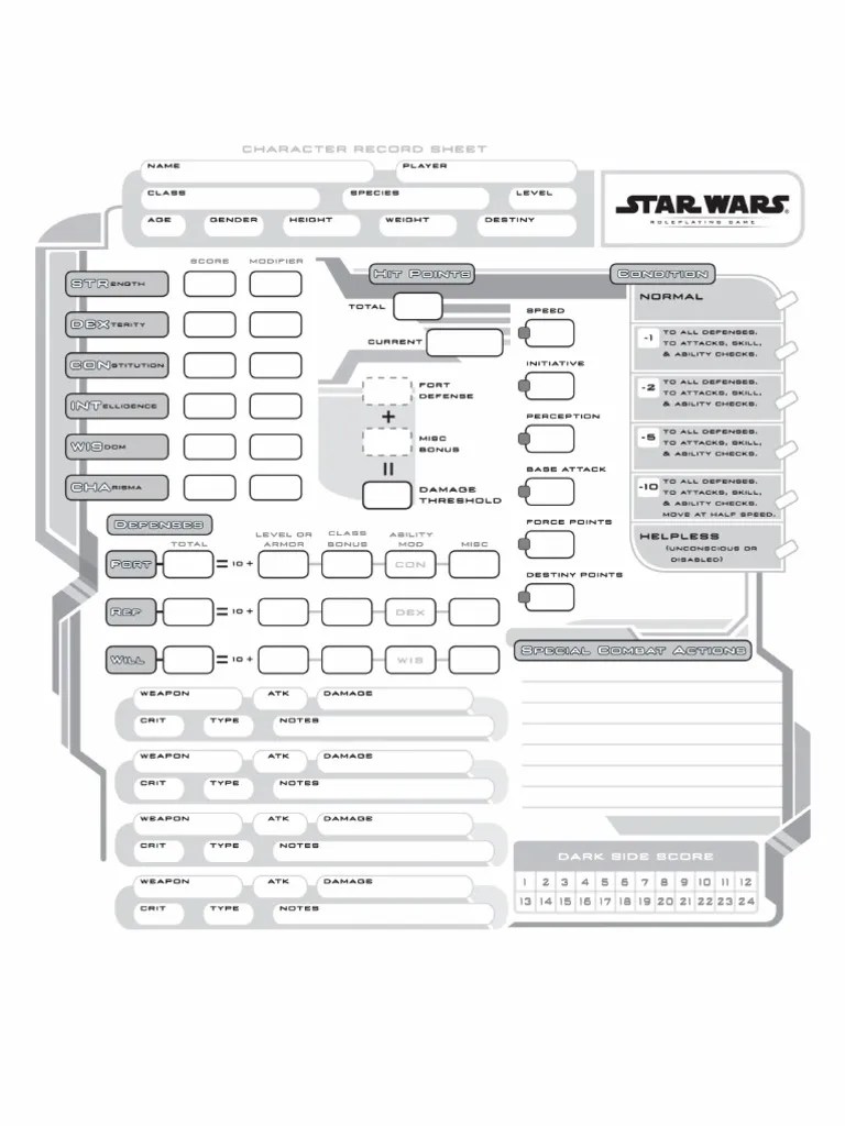 Star Wars Saga Edition Fillable PDF Character Sheet