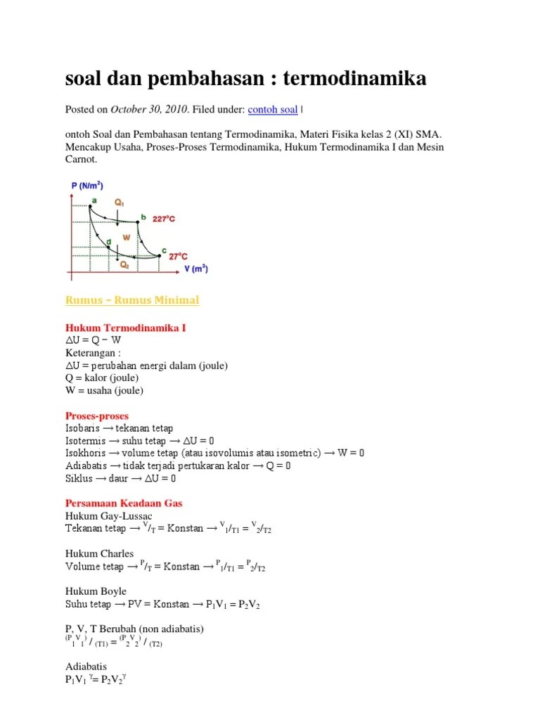 Contoh Soal Hukum 1 Termodinamika Dan Pembahasannya