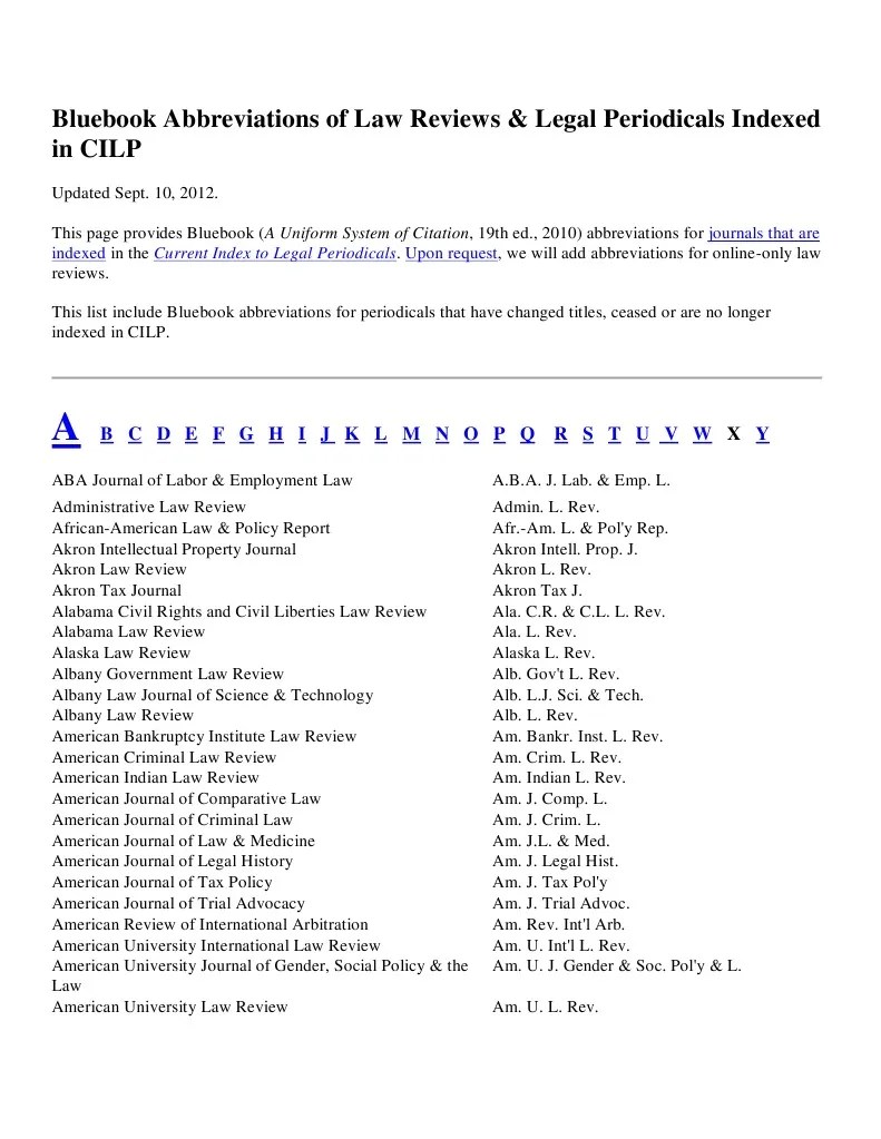 Bluebook Abbreviations of Law Reviews & Legal Periodicals Indexed in