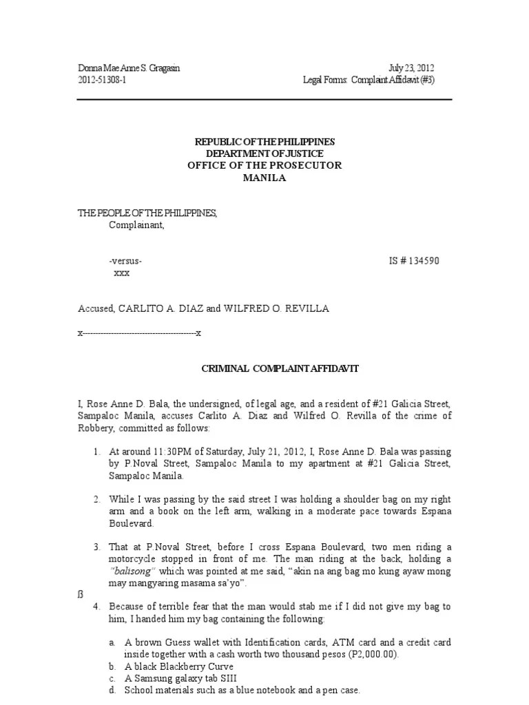 Complaint Affidavit Sample | Crime & Justice | Crimes