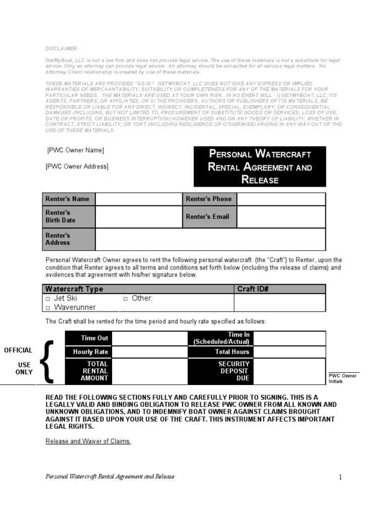 Personal Watercraft Rental Agreement Indemnity Common Law