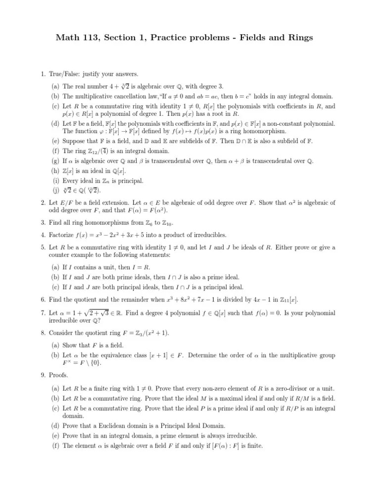 Fields and Rings Practice Problems PDF Ring (Mathematics) Polynomial