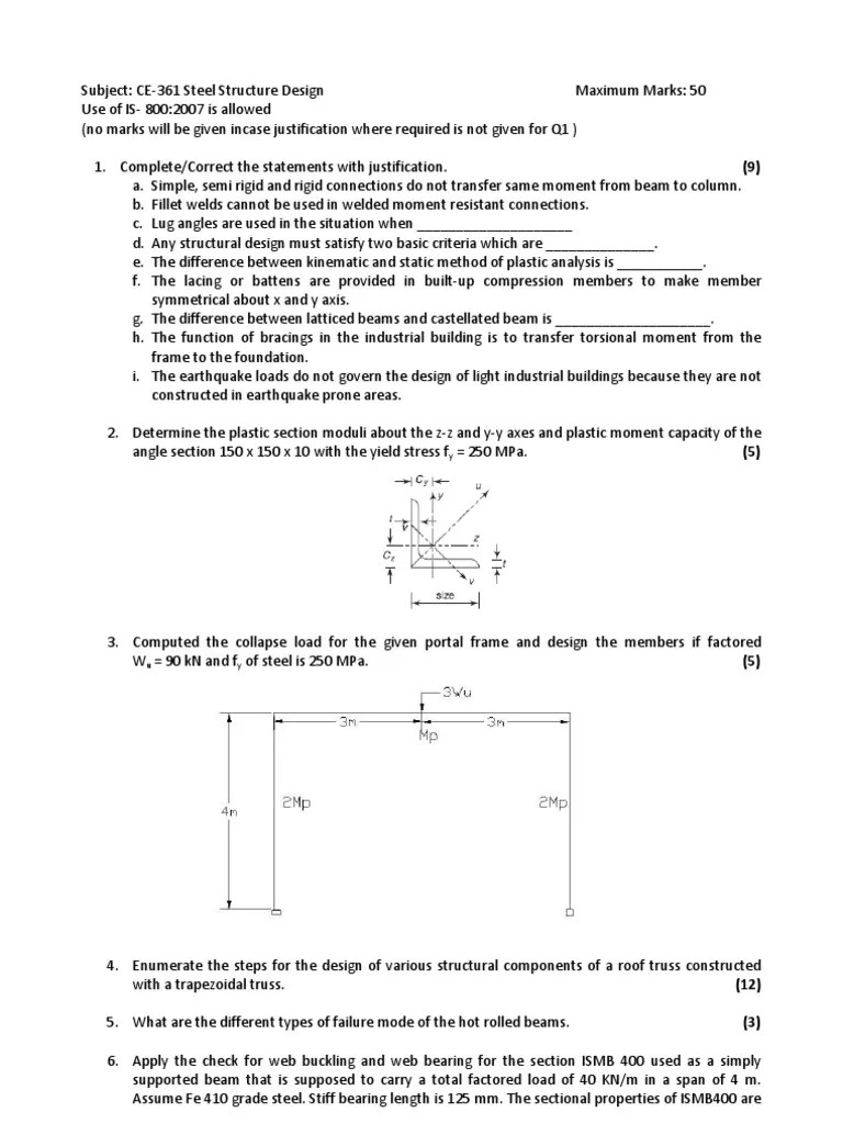 Question Paper Steel Structure Design Beam (Structure) Truss