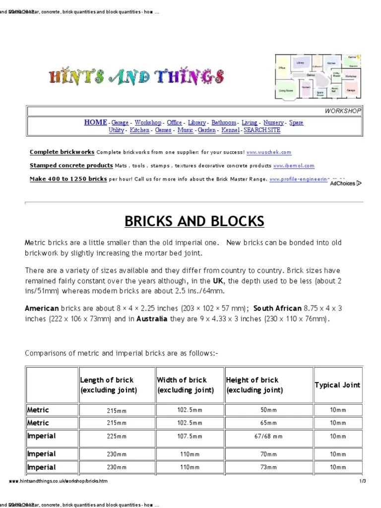 Brick and Block Sizes, Imperial and Metric, Mortar, Concrete, Brick