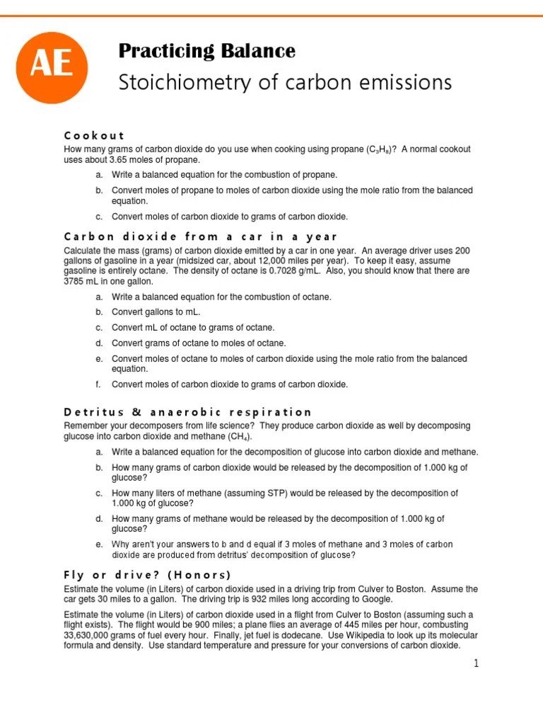 Alternative Energy Stoichiometry Worksheet Carbon Dioxide Stoichiometry