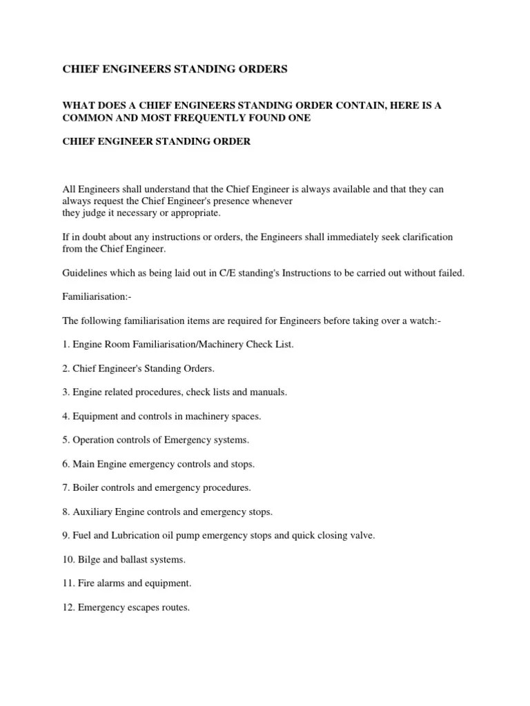 Chief Engineers Standing Orders PDF Energy And Resource Nature