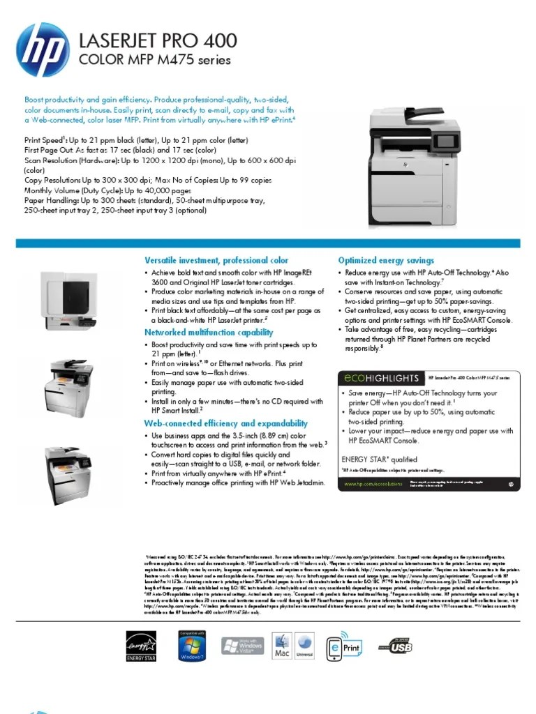 HP Laserjet Pro 400 Color Mfp m475 Series Printer Fax