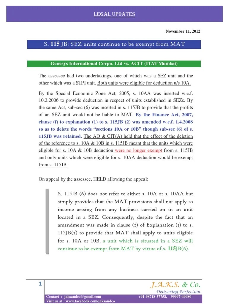SEZ Units Continues To Be Exempt From MAT PDF Tax Deduction Tax In India