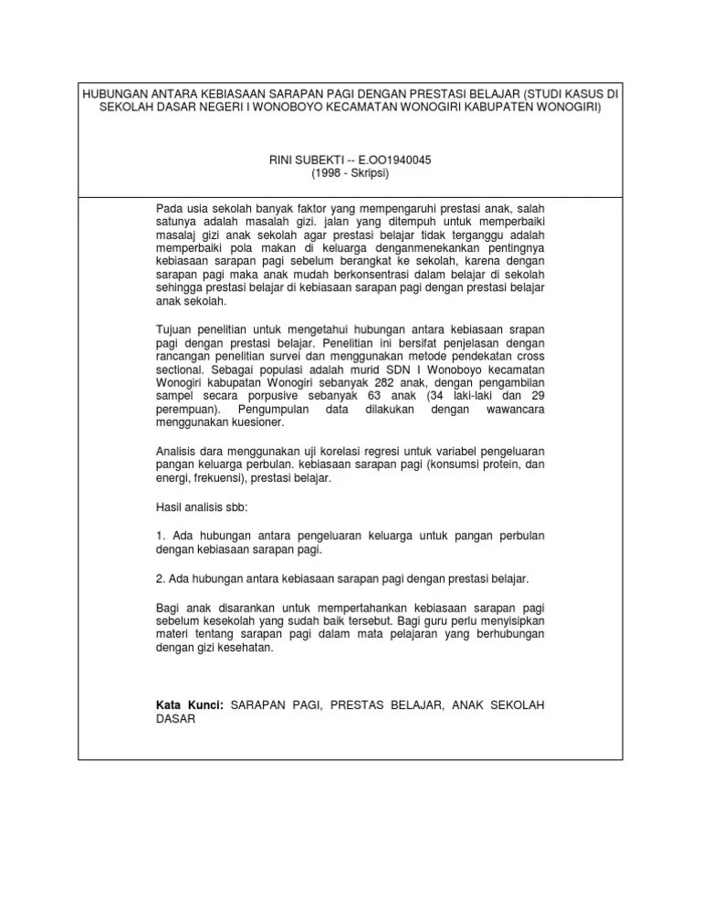 Skripsi Pengaruh Sarapan Pagi Terhadap Konsentrasi Belajar Siswa