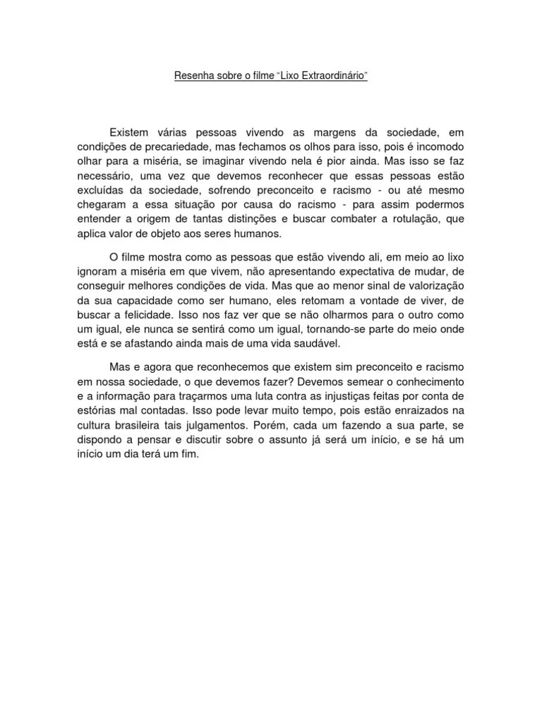 Resenha Do Filme LIXO EXTRAORDINÁRIO PDF