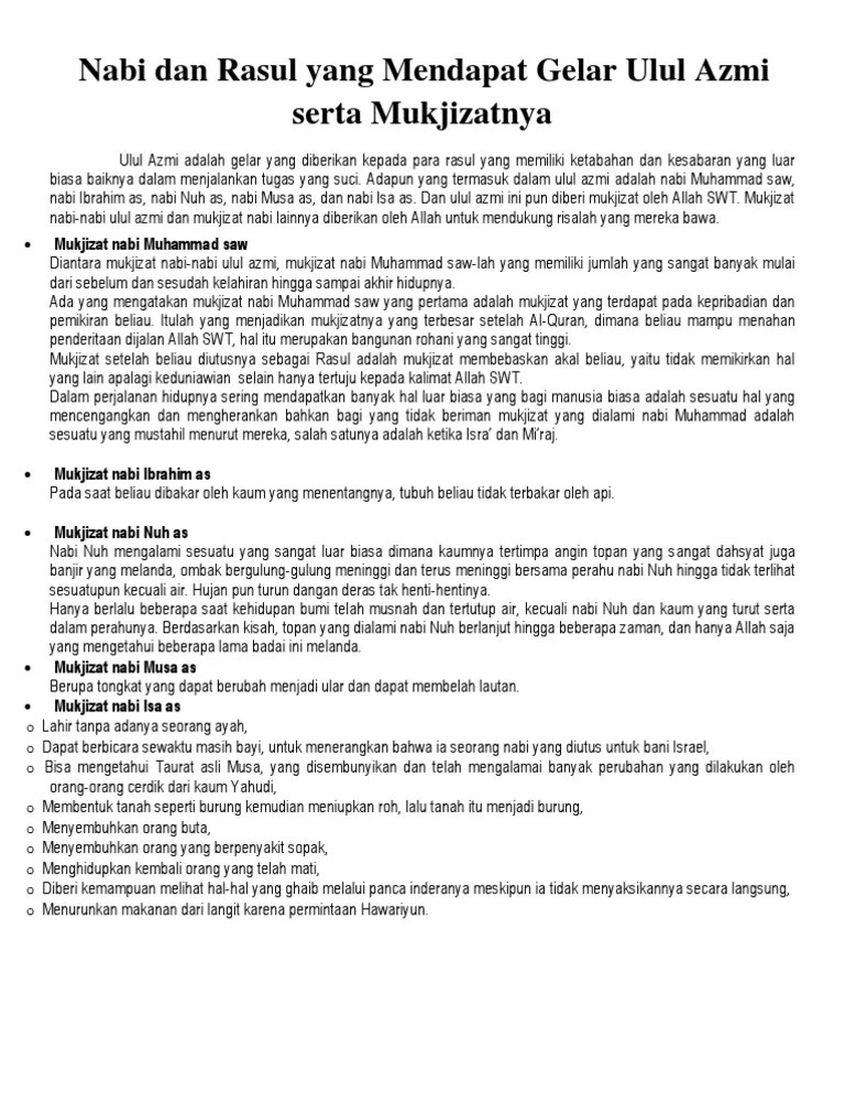 Nabi Dan Rasul Yang Mendapat Gelar Ulul Azmi Serta Mukjizatnya | PDF