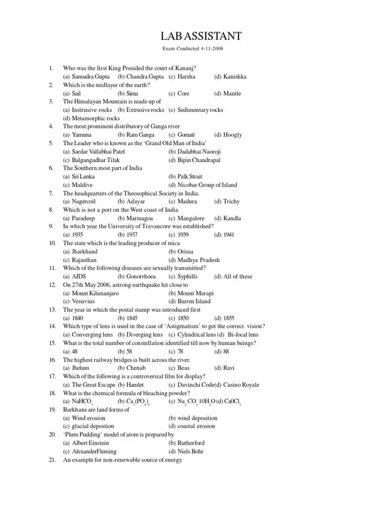 Lab Assistant Exam Conducted 4112006 PDF Carbon Nature