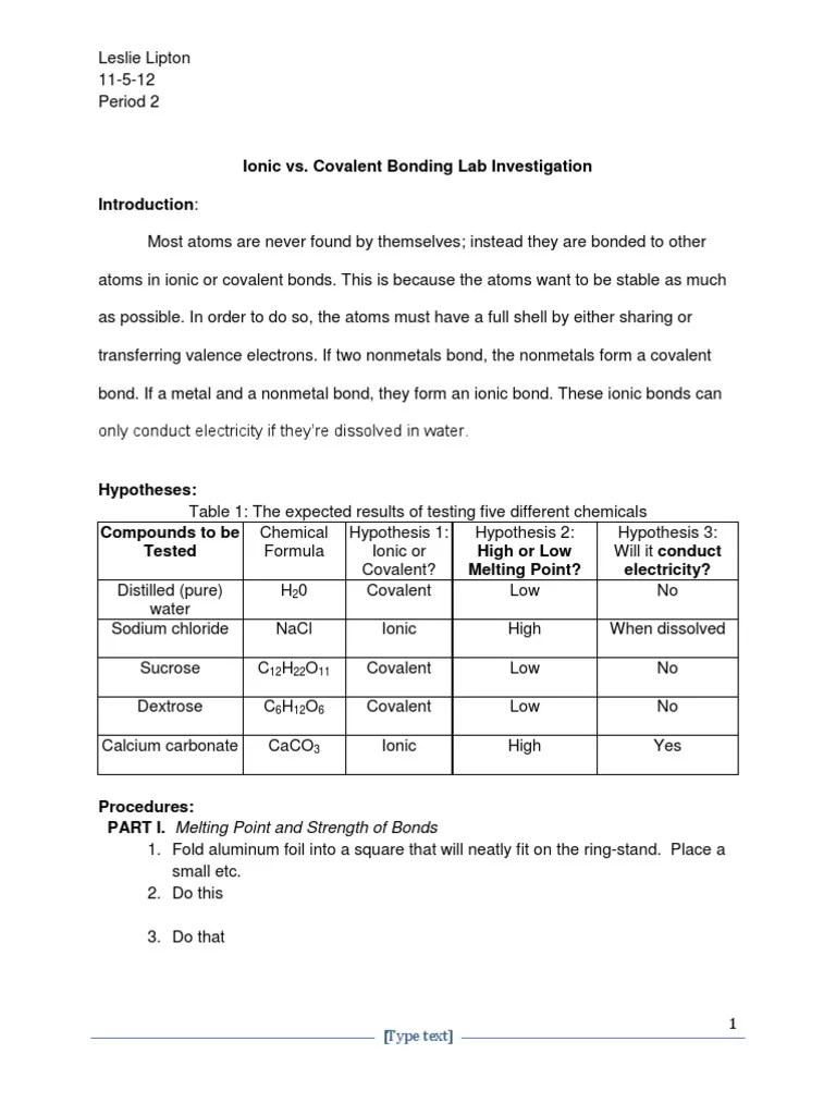 Ionic vs. Covalent Bonding Lab Investigation PART I. Melting Point and