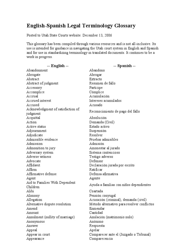 EnglishSpanish Legal Terminology Glossary Utah1 PDF Criminal