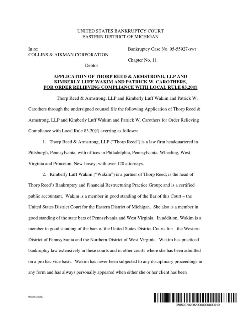 Application of Thorp Reed & Armstrong, LLP and Kimberly Luff Wakim and Patrick W. Carothers, For