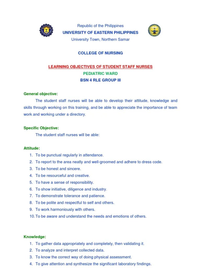 Learning Objectives of Student Staff Nurses Nursing Patient