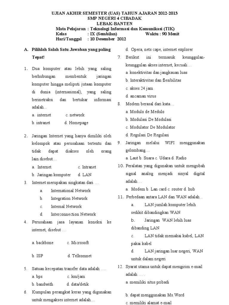 Soal UAS TIK Kelas IX Semester I | PDF