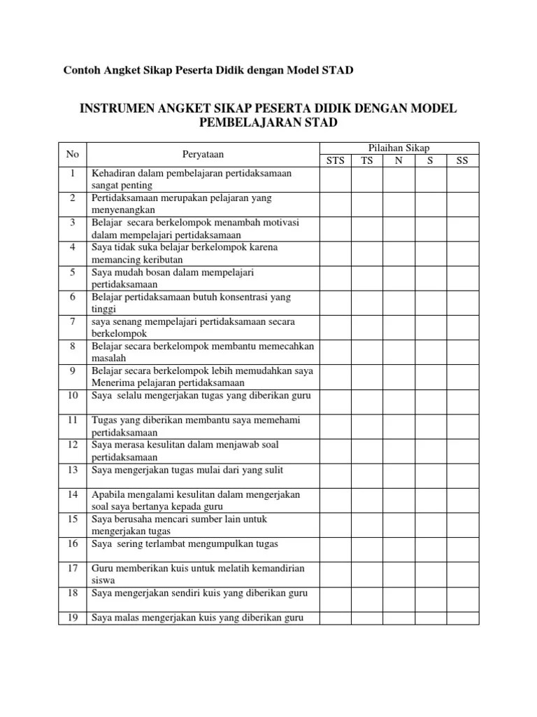Contoh Angket Sikap Peserta Didik Dengan Model STAD | PDF