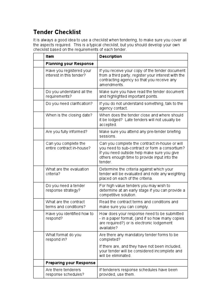 Tender Checklist PDF Specification (Technical Standard) Business